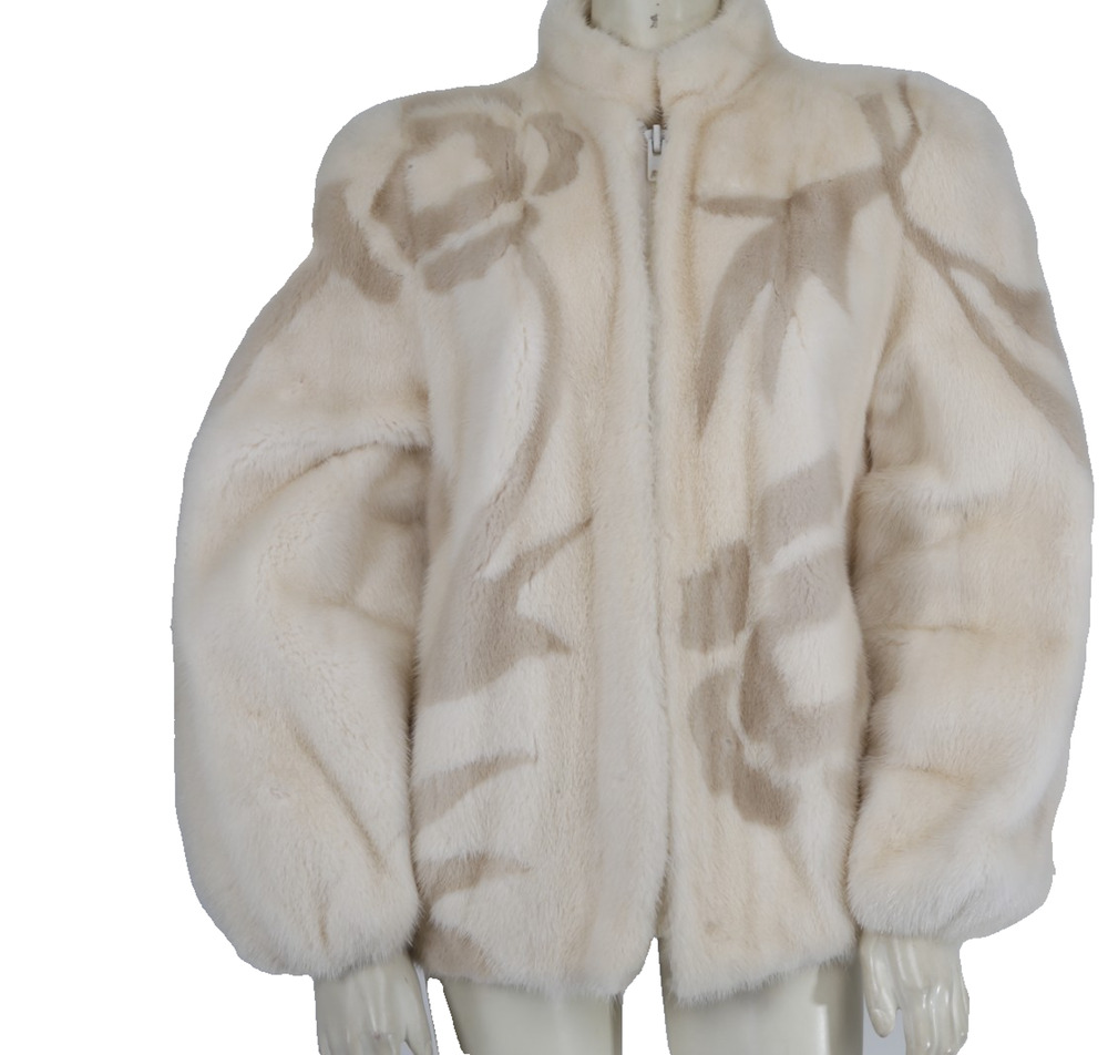 Rare Vintage Adolfo Sport Mink Fur Bomber Jacket Camellia Flower Ivory Beige S